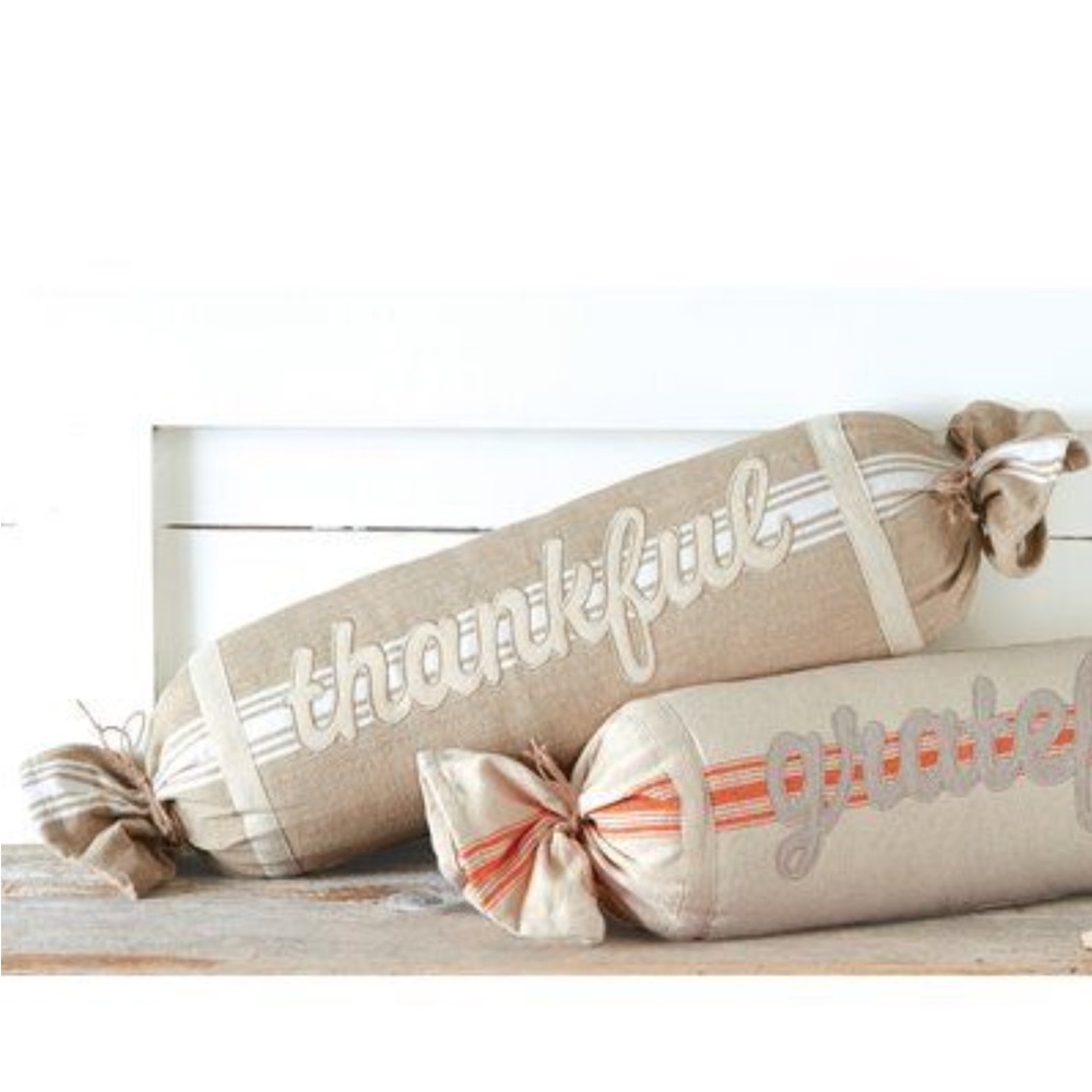NWOT Mud Pie Embroidered “Thankful” Appliqué Tan Bolster Pillow